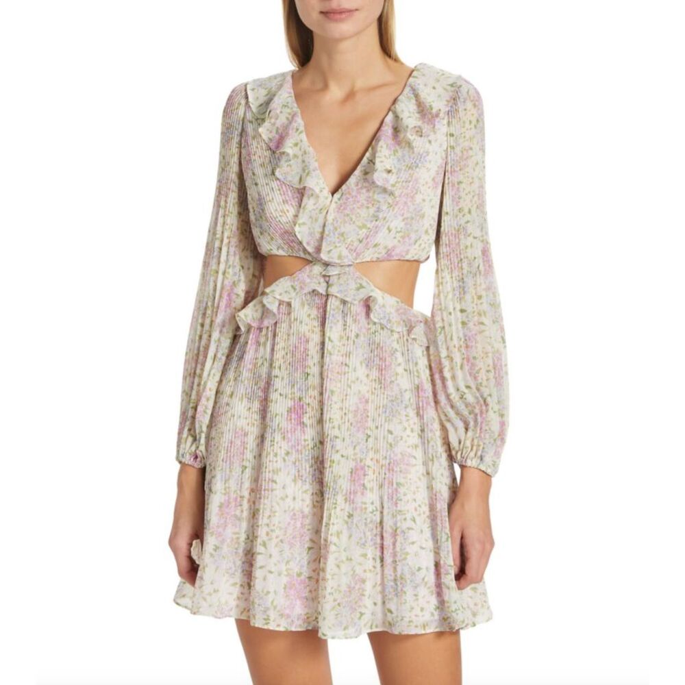 NWT ASTR the Label Marcy Floral Lilac Pleated Cutout Mini Dress